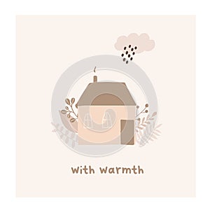 Autumn mood greeting card with warmth cozy house poster template