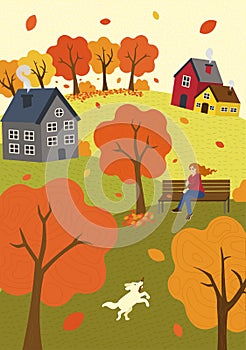 Autumn mood hand drawn fall season nature. Girl on park bench in wind and walks dog. Lawn hills and trees. Countryside