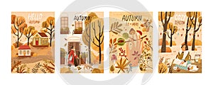 Autumn mood hand drawn poster templates set. Fall season nature flat vector illustrations. People enjoying cozy pastime photo