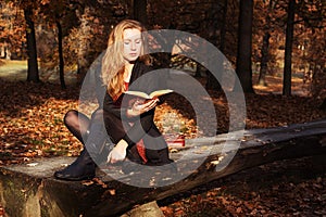 Autumn mood. Young beautiful woman reading a book in park in the fall