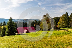 Autumn Moravskoslezske Beskydy mountains above Bila village in Czech republic