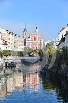 Autumn morning city view of old town with old building and blue sky, Ljubljana