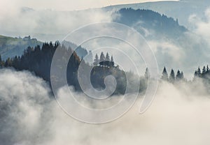 Autumn morning. foggy sunrise in the Carpathian mountains