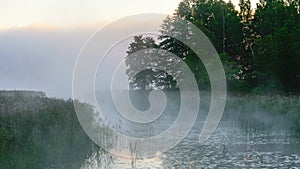 autumn morning by the lake, fog over the surface of the water, a moment before sunrise