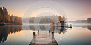 Autumn morning mist over a serene lake with a wooden dock and charming cabin. photo
