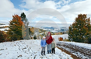 Autumn mountain and family on walk