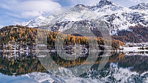 Autumn Mountain Lake Reflection Switzerland Aerial 4k