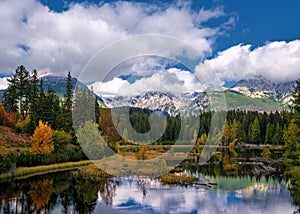 Autumn mountain landscape. Beautiful mountain lake with a reflection of autum park on water and high peaks in the Background.