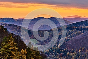 Autumn mountain landscape at dusk. View of the valley. Protected area Vrsatec, Slovakia