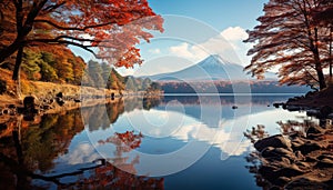 Autumn mountain landscape, tree reflection in tranquil pond generated by AI