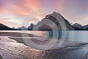 Autumn in the mountains near Bow Lake Banff National Park Alberta Canada Bow Lake panorama reflection with first snow in mountains