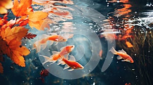 Autumn natural background, web banner. Autumn bright yellow orange red fallen leaves and goldfish, red fish under water. Autumn