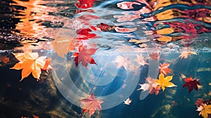 Autumn natural background, web banner. Autumn bright yellow orange red fallen maple leaves under water. Autumn mood atmosphere