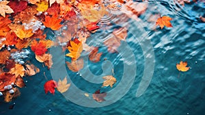 Autumn natural background, web banner. Top view of autumn bright yellow orange red fallen maple leaves in blue water. Autumn mood