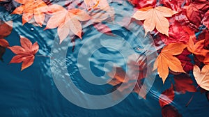 Autumn natural background, web banner. Top view of autumn bright yellow orange red fallen maple leaves in blue water. Autumn mood