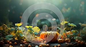 Autumn natural garden background, warm seasonal colors, fresh mixed pumpkins and green foliage