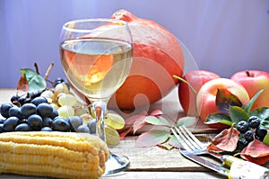 Autumn nature concept. Fall fruit and vegetables on wood. Thanksgiving dinner, table celebration of Thanksgiving