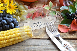 Autumn nature concept. Thanksgiving dinner, table celebration of Thanksgiving. Organic vegetarian fruits and vegetables