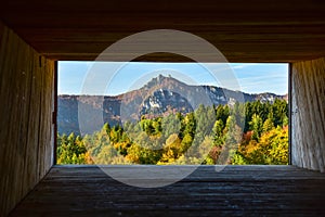 Autumn nature - dark wooden frame. Background photo with edit space. Sulov, Slovakia
