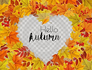 Autumn nature frame with colorful autumn leaves a heart shape