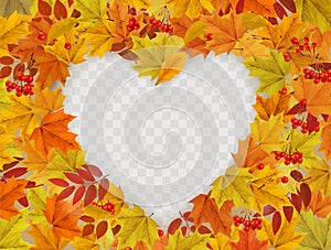 Autumn nature frame with colorful autumn leaves a heart shape