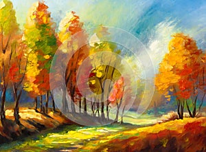 Autumn nature landscape of colorful forest oil painting beautiful trees in the park