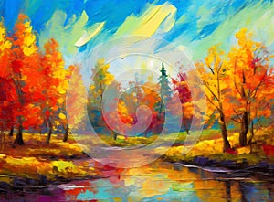 Autumn nature landscape of colorful forest oil painting beautiful trees in the park