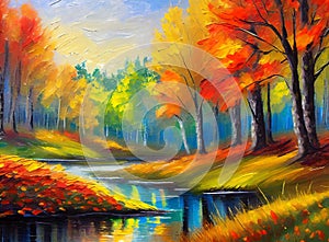 Autumn nature landscape of colorful forest oil painting beautiful trees in the park