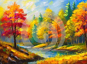 Autumn nature landscape of colorful forest oil painting beautiful trees in the park