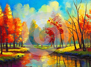 Autumn nature landscape of colorful forest oil painting beautiful trees in the park