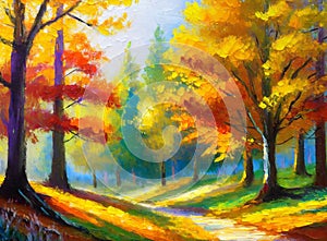 Autumn nature landscape of colorful forest oil painting beautiful trees in the park