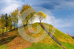 Autumn nature landscape in countryside, mound in Lithuania