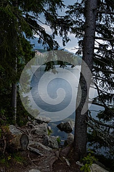 Autumn nature reflection in lake of Strbske Pleso in Slovakia