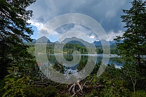 Autumn nature reflection in lake of Strbske Pleso in Slovakia