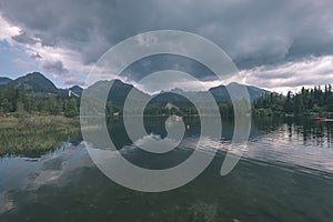 Autumn nature reflection in lake of Strbske Pleso in Slovakia -