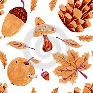 Autumn nature seamless pattern. Hand drawn texture with, yellow and orange tree leaves, acorn and cone on white