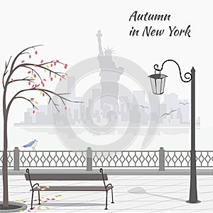 Autumn in New York. Illustration with embankment and sityscape with The Statue of Liberty.