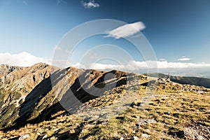 Autumn Nizke Tatry mountains scenery with Derese and Chopok mountain peaks from Polana hill summit in Slovakia