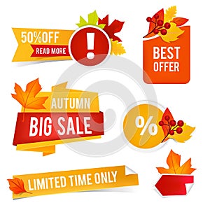 Autumn offer sales. Vector badges and stickers for advertizing