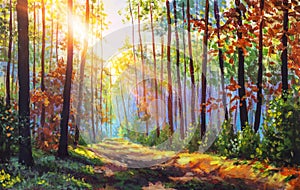 Autumn oil painting. Autumn forest with sunlight. Path in forest through trees with vivid colorful leaves.