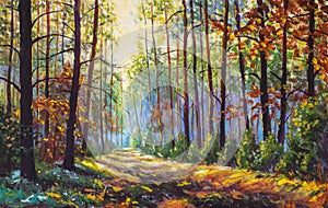 Autumn oil painting. Autumn forest with sunlight. Path in forest through trees with vivid colorful leaves.