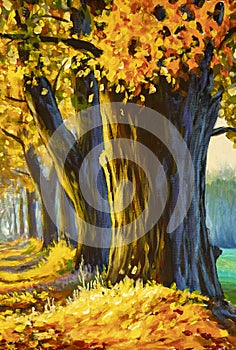 Autumn oil painting big old trees oak in autumn park forest