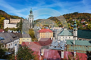 Autumn in old town with historical buildings in Banska Stiavnica, Slovakia, UNESCO