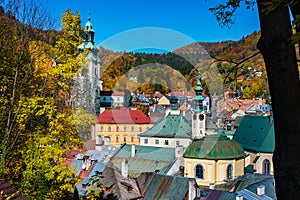 Autumn in old town with historical buildings in Banska Stiavnica, Slovakia, UNESCO