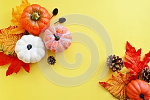 Autumn orange leaves, fall abstract frame with colorful leaves, pine cones and pumpkins on bright background, copy space