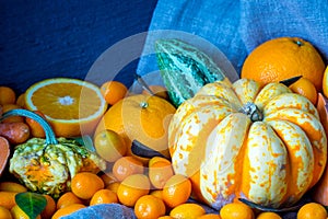 Autumn Orange Vegetables and Fruits, Beautiful Nature Background, Toned Picture