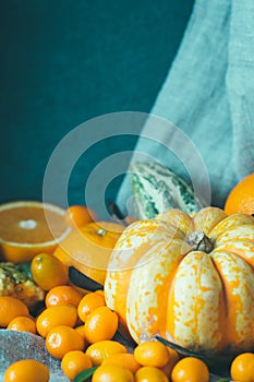 Autumn Orange Vegetables and Fruits, Beautiful Nature Background, Toned Picture, Free Space for Text