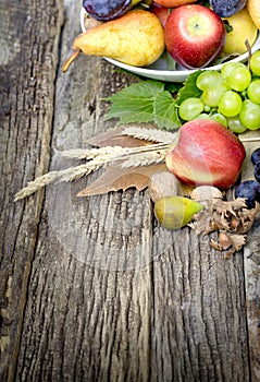 Autumn organic fruit on rustic wooden table