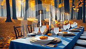 Autumn outdoor banquet table, autumn harvest season, holiday party,