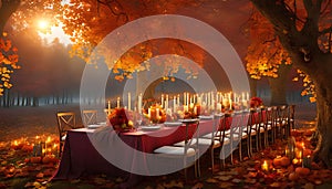 Autumn outdoor banquet table, autumn harvest season, holiday party,